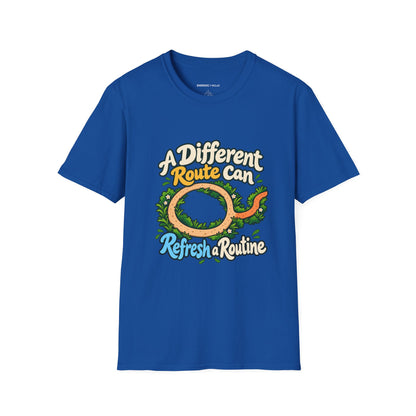 Graphic fitness T-shirt featuring the "A Different Route Can Refresh a Routine" design.