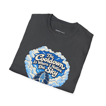 Graphic fitness T-shirt featuring the "The Cooldown Is Where I Notice the Sky" design.