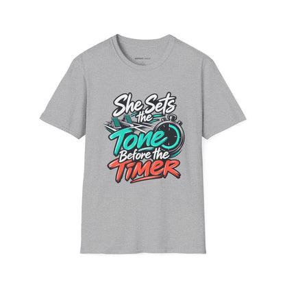 Graphic fitness T-shirt featuring the "She Sets the Tone Before the Timer" design.
