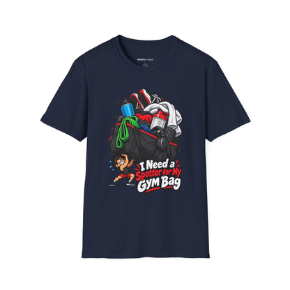 Graphic fitness T-shirt featuring the "I Need a Spotter for My Gym Bag" design.