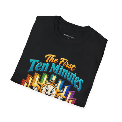 Graphic fitness T-shirt featuring the "The First Ten Minutes Are an Invitation" design.