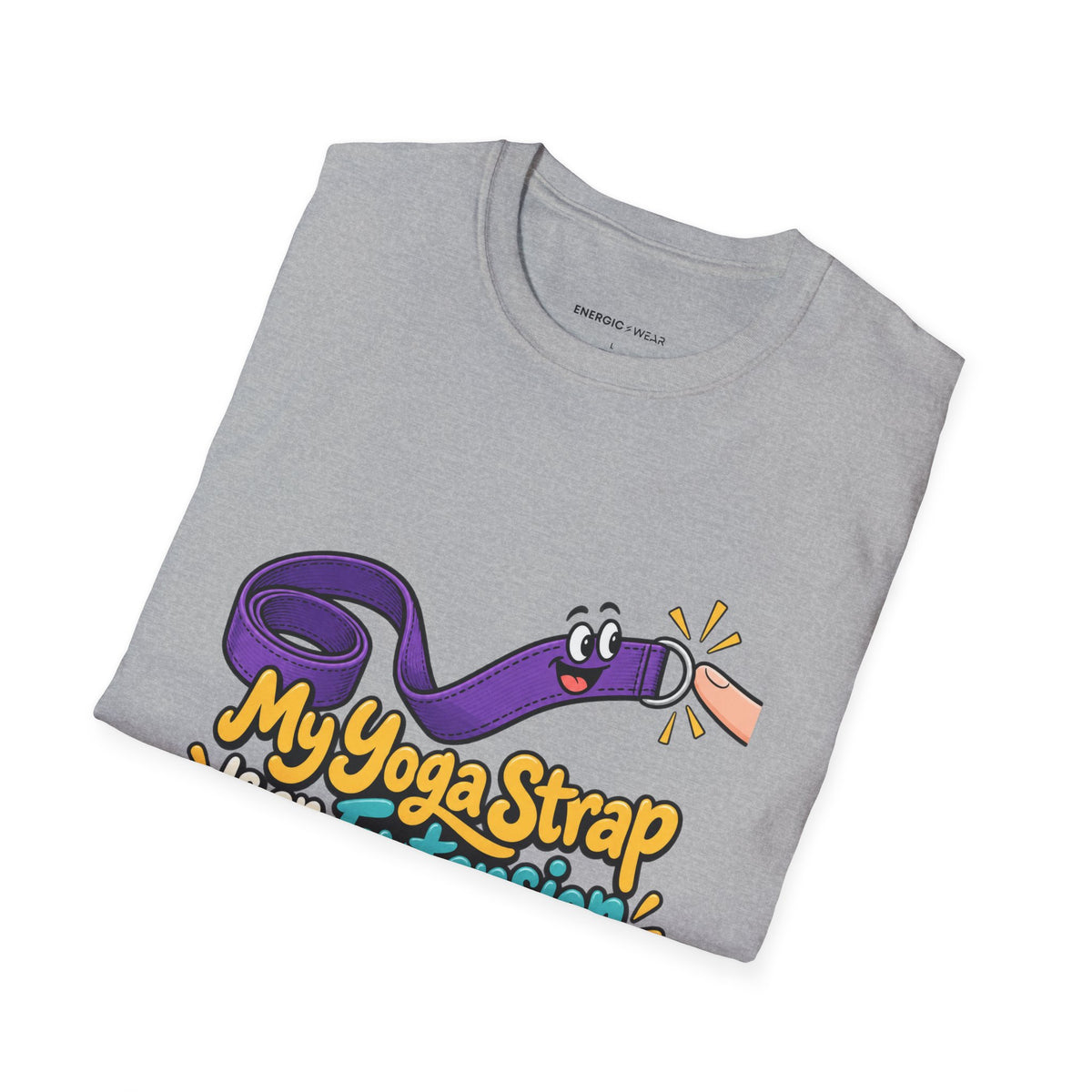 Graphic fitness T-shirt featuring the "My Yoga Strap Is an Extension of My Optimism" design.