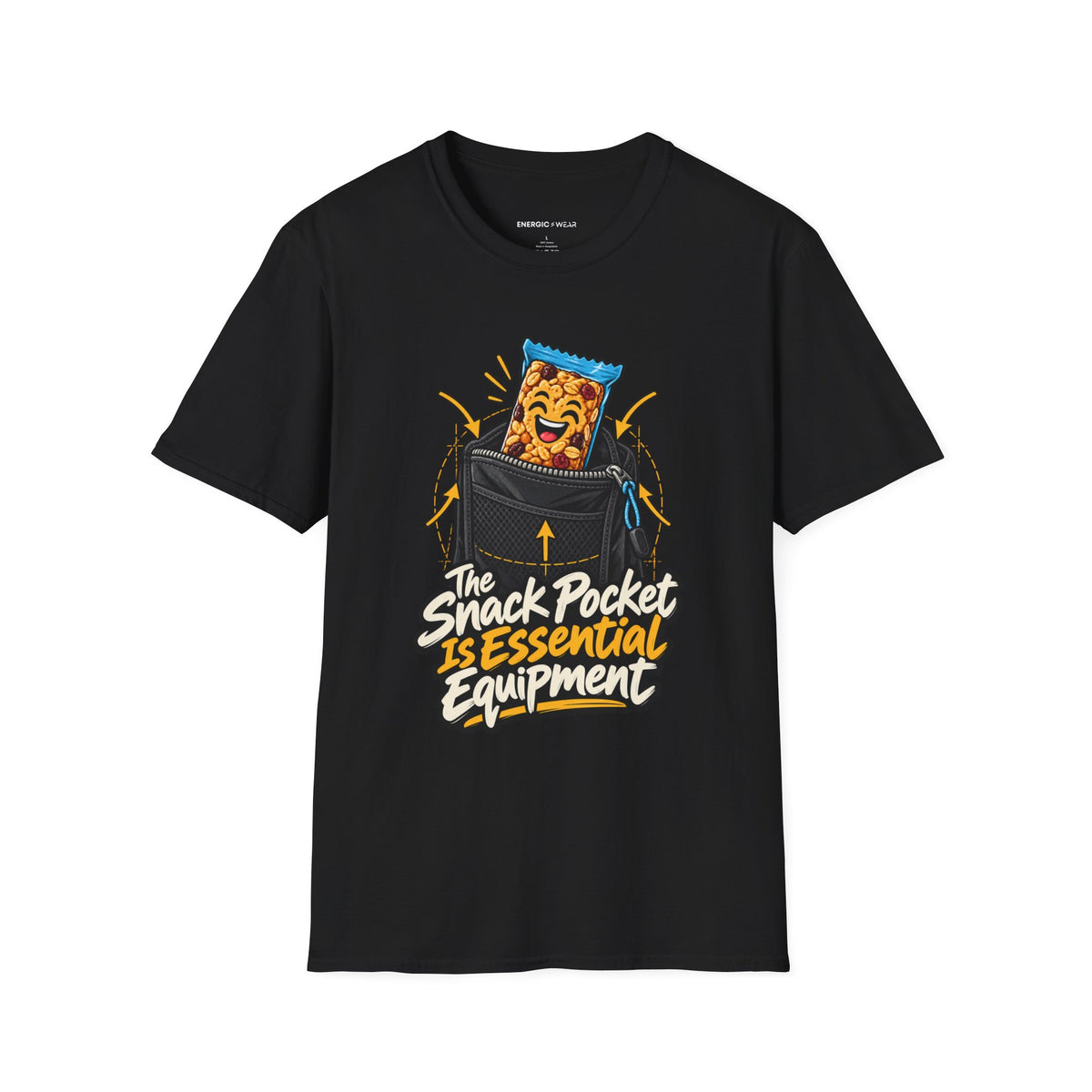 Graphic fitness T-shirt featuring the "The Snack Pocket Is Essential Equipment" design.