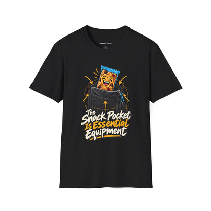 Graphic fitness T-shirt featuring the "The Snack Pocket Is Essential Equipment" design.
