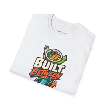 Graphic fitness T-shirt featuring the "Built Between Meals" design.