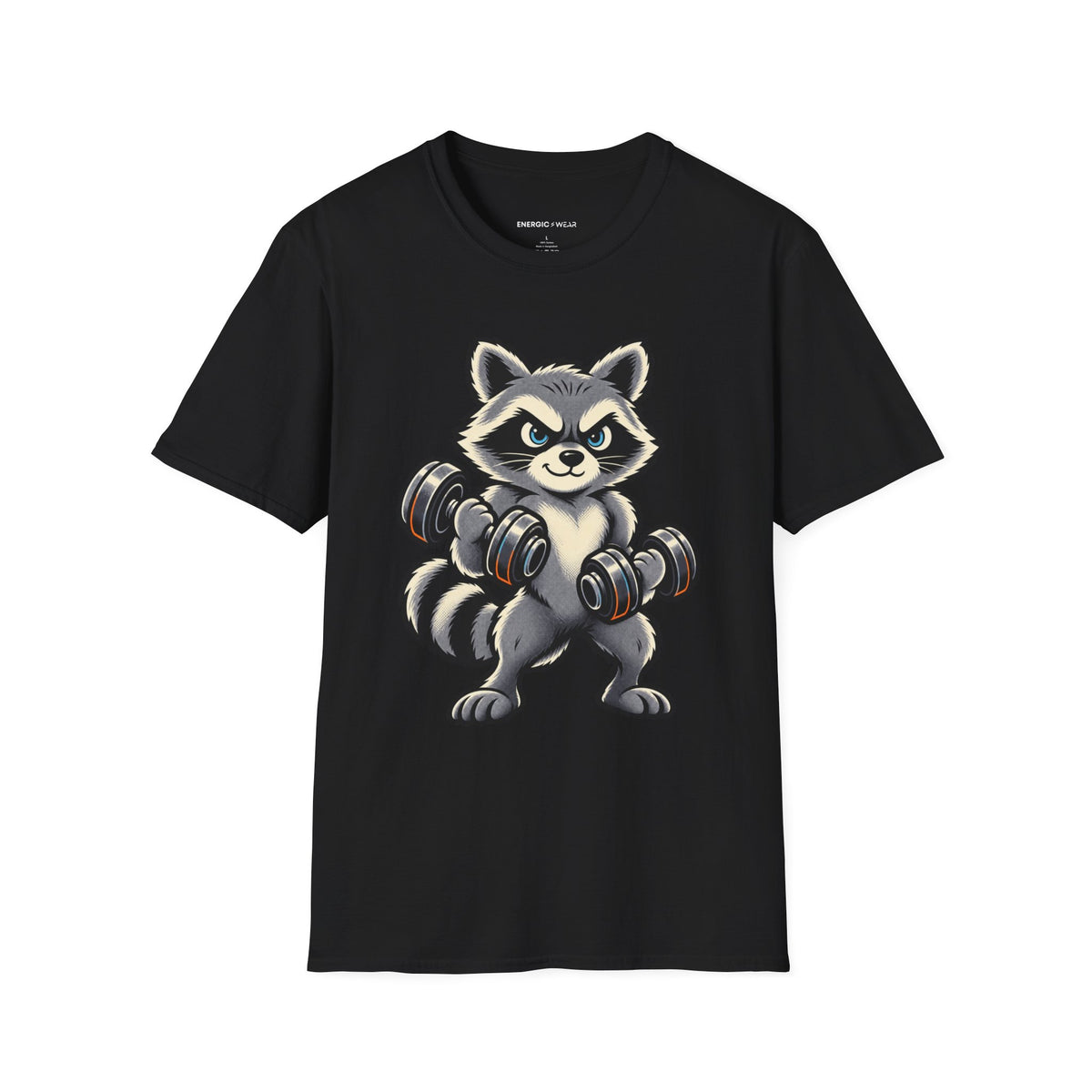 Graphic fitness T-shirt featuring the "Muscular Raccoon" design.