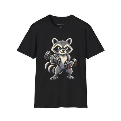 Graphic fitness T-shirt featuring the "Muscular Raccoon" design.