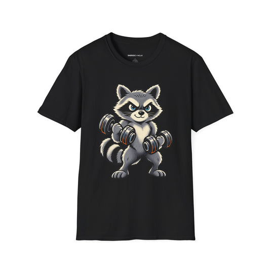 Graphic fitness T-shirt featuring the "Muscular Raccoon" design.