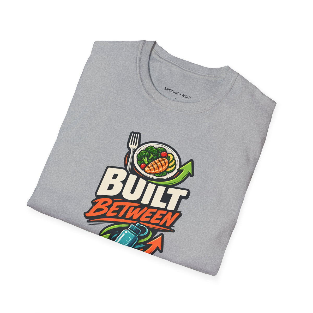 Graphic fitness T-shirt featuring the "Built Between Meals" design.