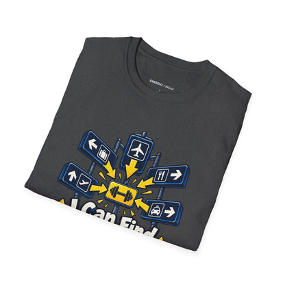 Graphic fitness T-shirt featuring the "I Can Find the Gym in Any Airport" design.
