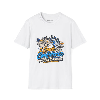 Graphic fitness T-shirt featuring the "I Coach the Confidence I Once Borrowed" design.