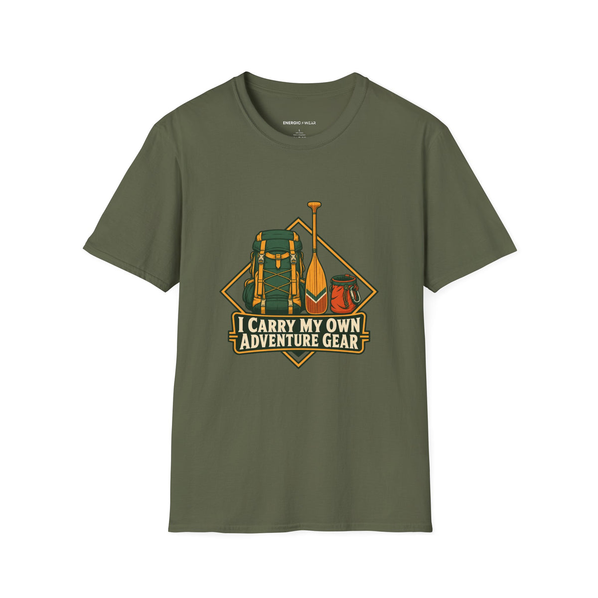 Graphic fitness T-shirt featuring the "I Carry My Own Adventure Gear" design.
