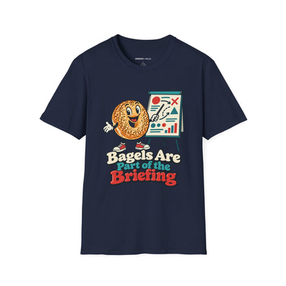 Graphic fitness T-shirt featuring the "Bagels Are Part of the Briefing" design.