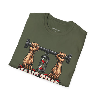 Graphic fitness T-shirt featuring the "Hang Time Earned by Hand" design.