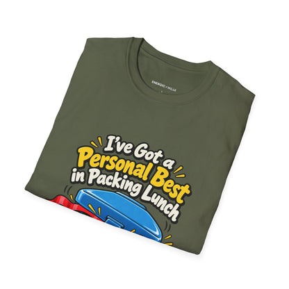 Graphic fitness T-shirt featuring the "I've Got a Personal Best in Packing Lunch" design.