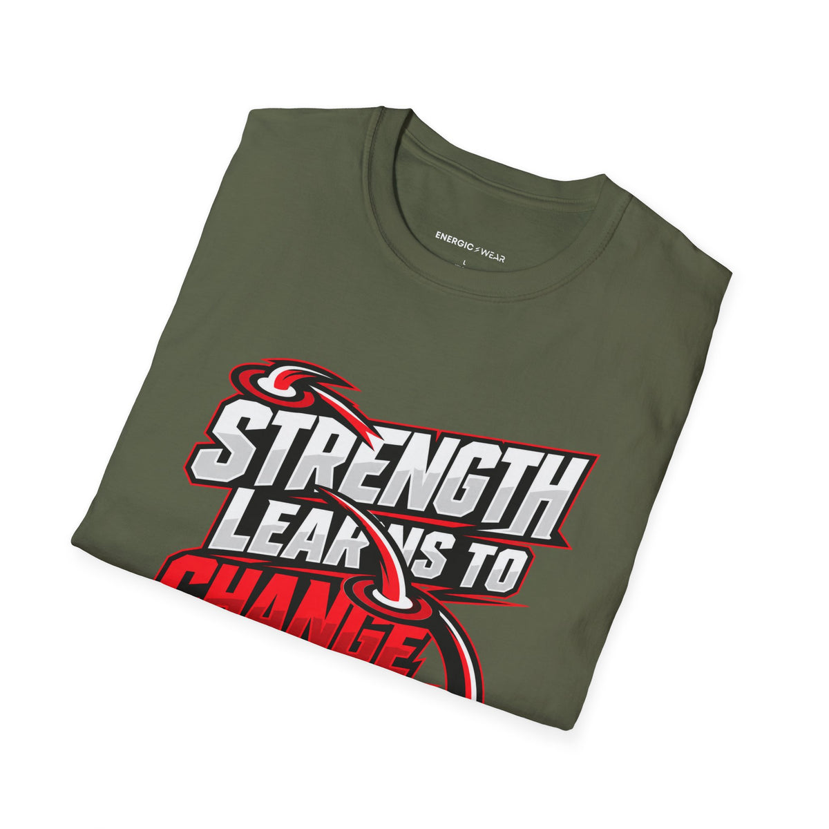 Graphic fitness T-shirt featuring the "Strength Learns to Change Direction" design.