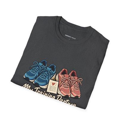 Graphic fitness T-shirt featuring the "My Training Partner Gets a Prayer Too" design.