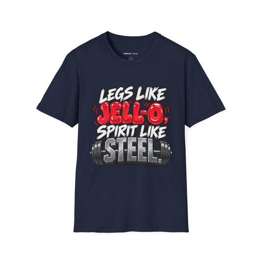 Graphic fitness T-shirt featuring the "Legs Like Jello, Spirit Like Steel" design.