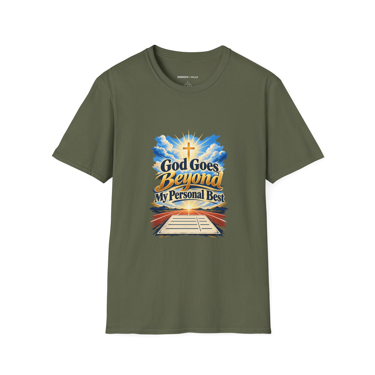Graphic fitness T-shirt featuring the "God Goes Beyond My Personal Best" design.