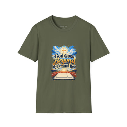 Graphic fitness T-shirt featuring the "God Goes Beyond My Personal Best" design.