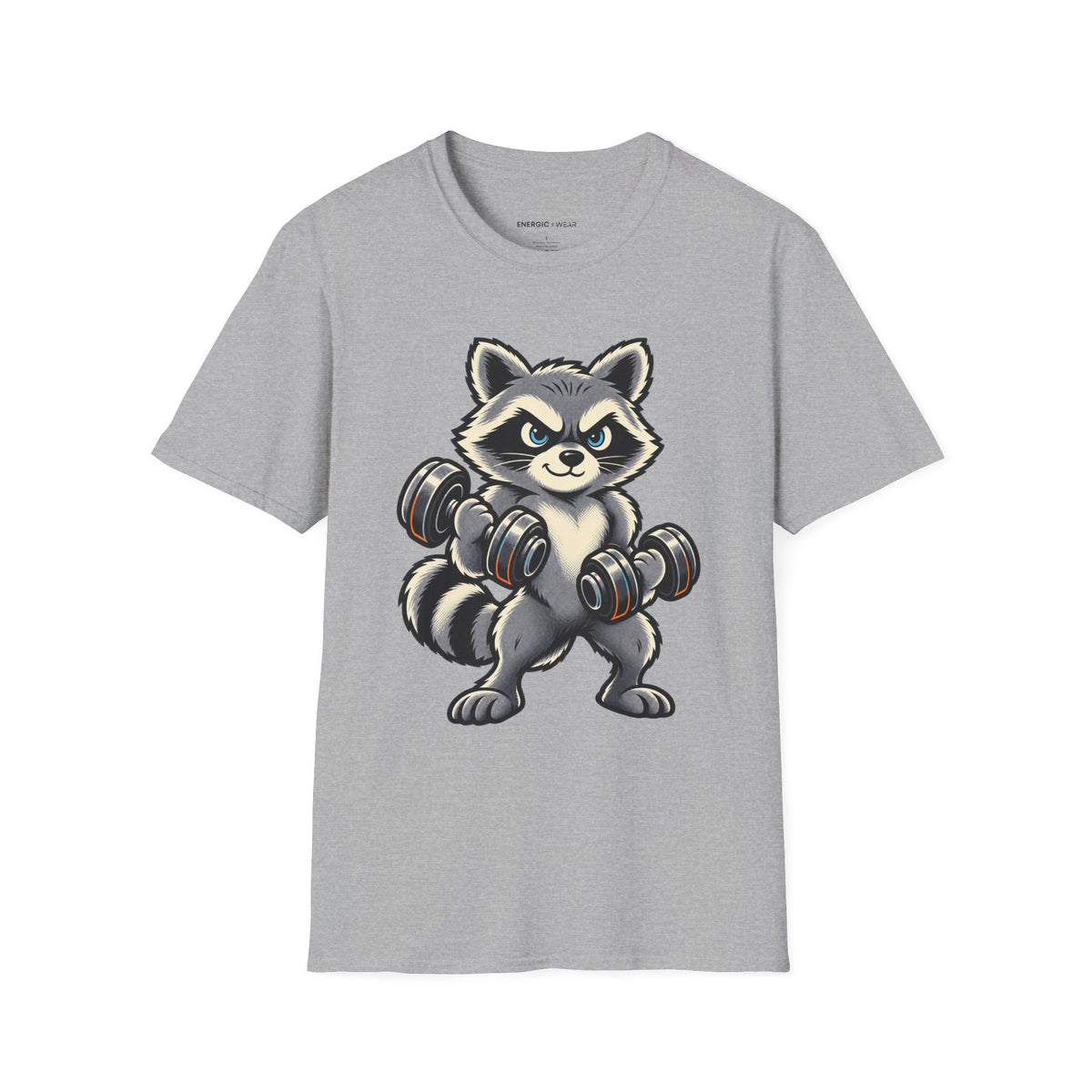 Graphic fitness T-shirt featuring the "Muscular Raccoon" design.