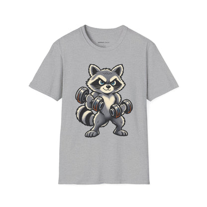 Graphic fitness T-shirt featuring the "Muscular Raccoon" design.