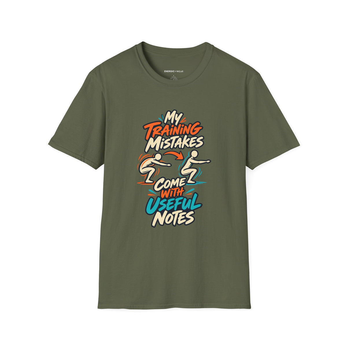 Graphic fitness T-shirt featuring the "My Training Mistakes Come With Useful Notes" design.