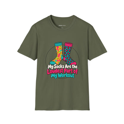 Graphic fitness T-shirt featuring the "My Socks Are the Loudest Part of My Workout" design.