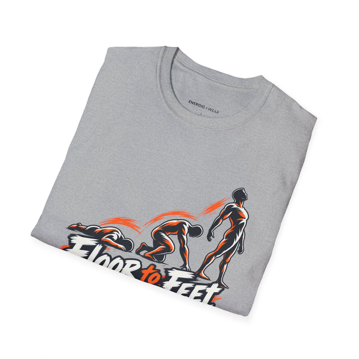 Graphic fitness T-shirt featuring the "Floor to Feet Is Progress Worth Celebrating" design.
