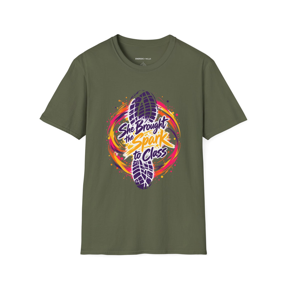 Graphic fitness T-shirt featuring the "She Brought the Spark to Class" design.
