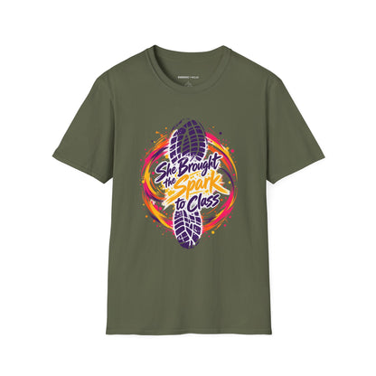 Graphic fitness T-shirt featuring the "She Brought the Spark to Class" design.