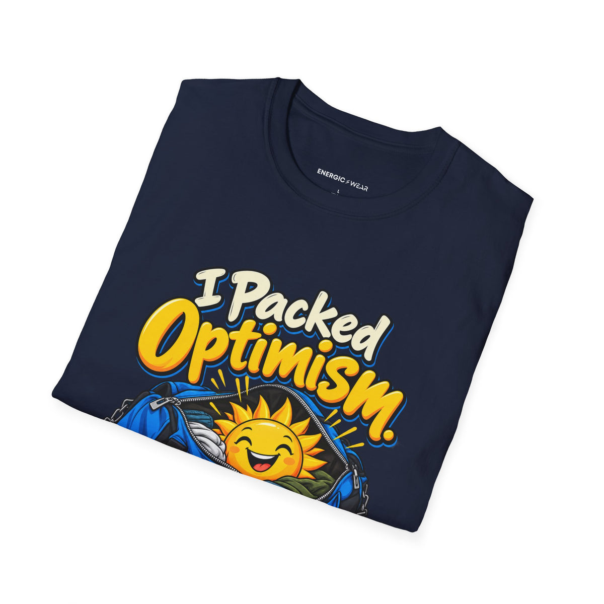 Graphic fitness T-shirt featuring the "I Packed Optimism Forgot Socks" design.