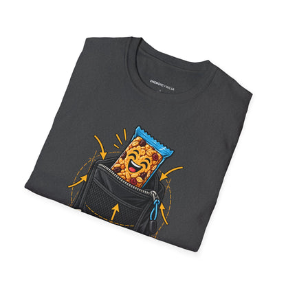 Graphic fitness T-shirt featuring the "The Snack Pocket Is Essential Equipment" design.