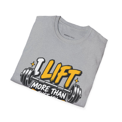 Graphic fitness T-shirt featuring the "I Lift More Than My Spirits" design.