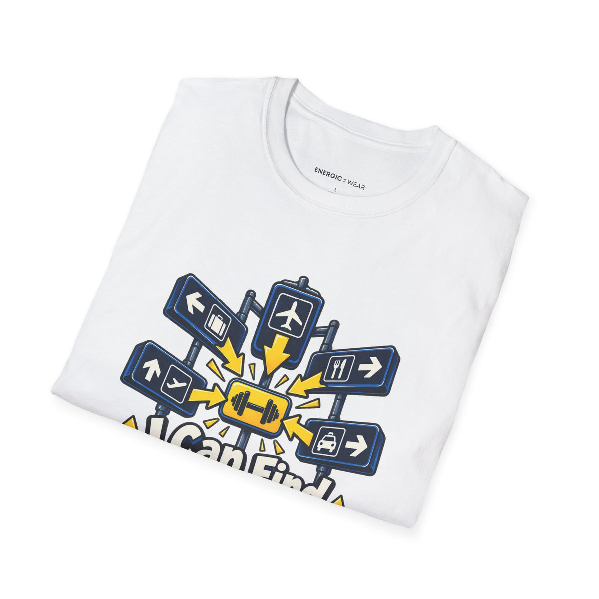 Graphic fitness T-shirt featuring the "I Can Find the Gym in Any Airport" design.
