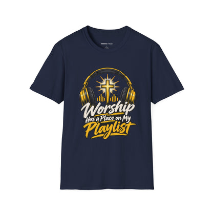 Graphic fitness T-shirt featuring the "Worship Has a Place on My Playlist" design.