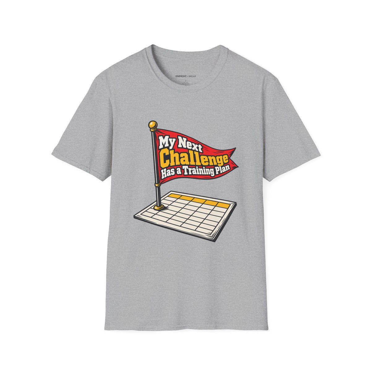 Graphic fitness T-shirt featuring the "My Next Challenge Has a Training Plan" design.