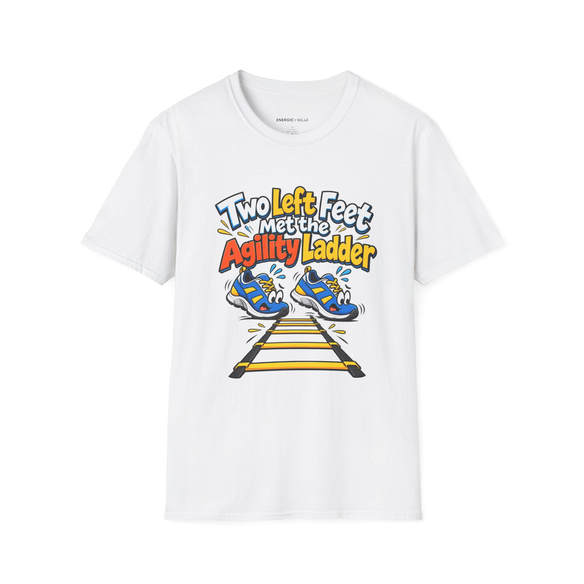 Graphic fitness T-shirt featuring the "Two Left Feet Met the Agility Ladder" design.