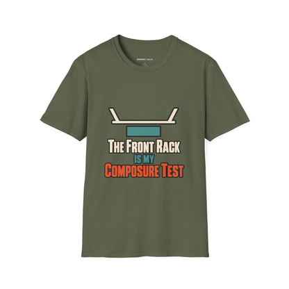 Graphic fitness T-shirt featuring the "The Front Rack Is My Composure Test" design.