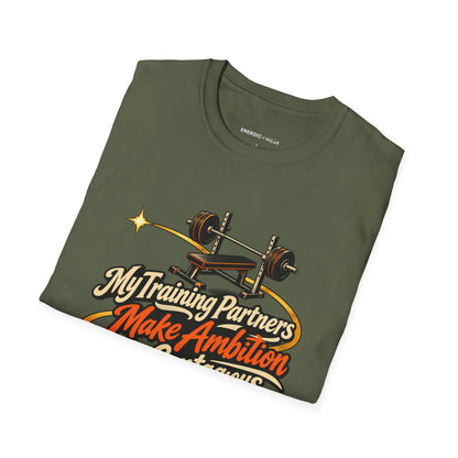 Graphic fitness T-shirt featuring the "My Training Partners Make Ambition Contagious" design.
