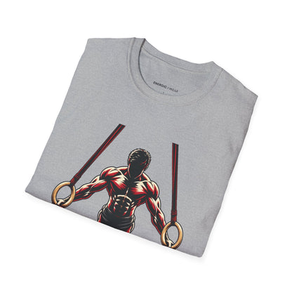 Graphic fitness T-shirt featuring the "Rings Ask Every Muscle to Listen" design.