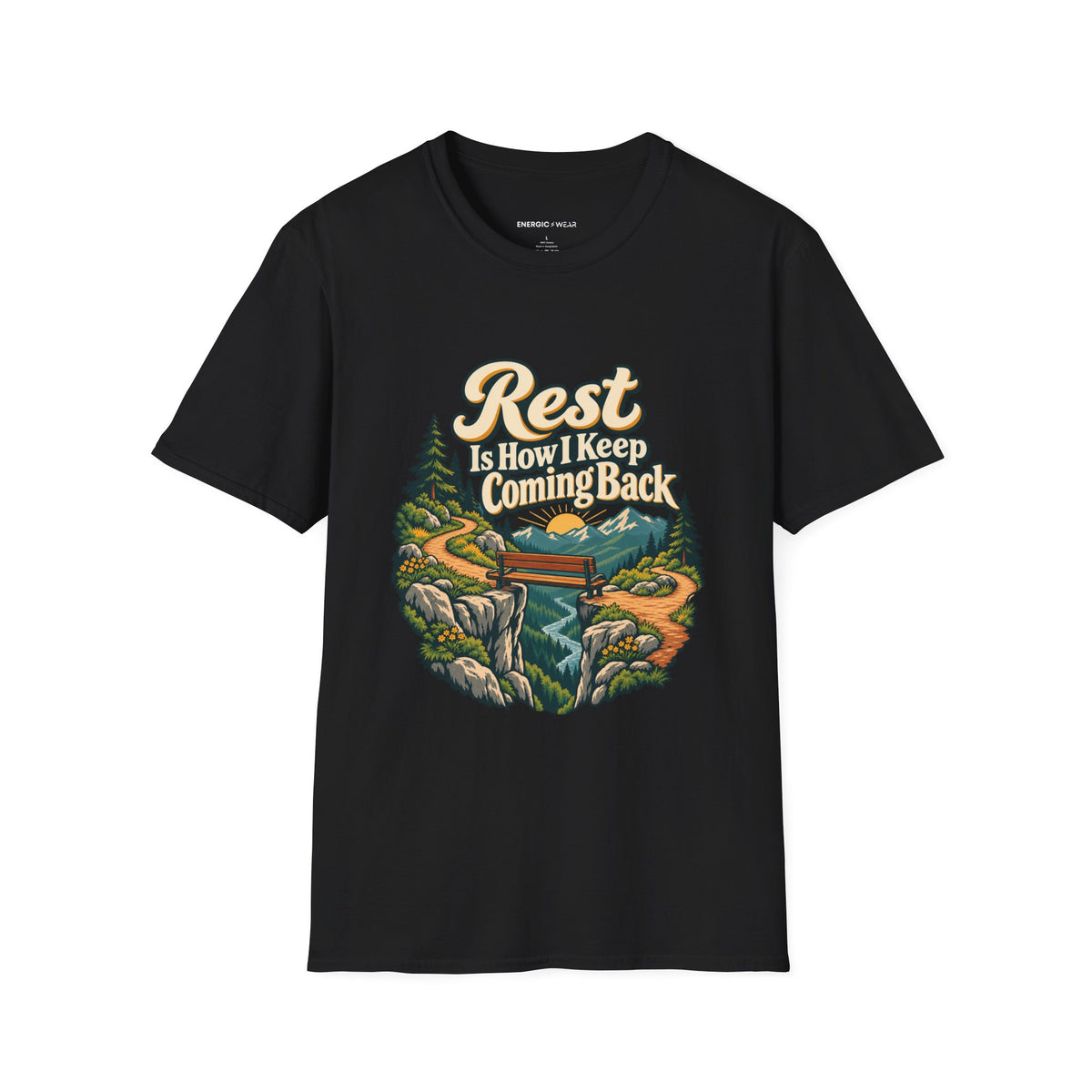 Graphic fitness T-shirt featuring the "Rest Is How I Keep Coming Back" design.