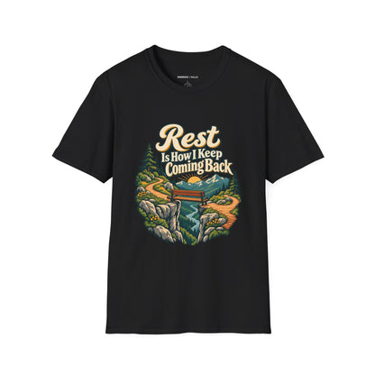 Graphic fitness T-shirt featuring the "Rest Is How I Keep Coming Back" design.