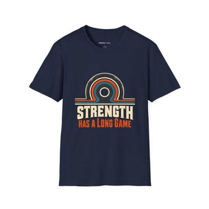 Graphic fitness T-shirt featuring the "Strength Has a Long Game" design.