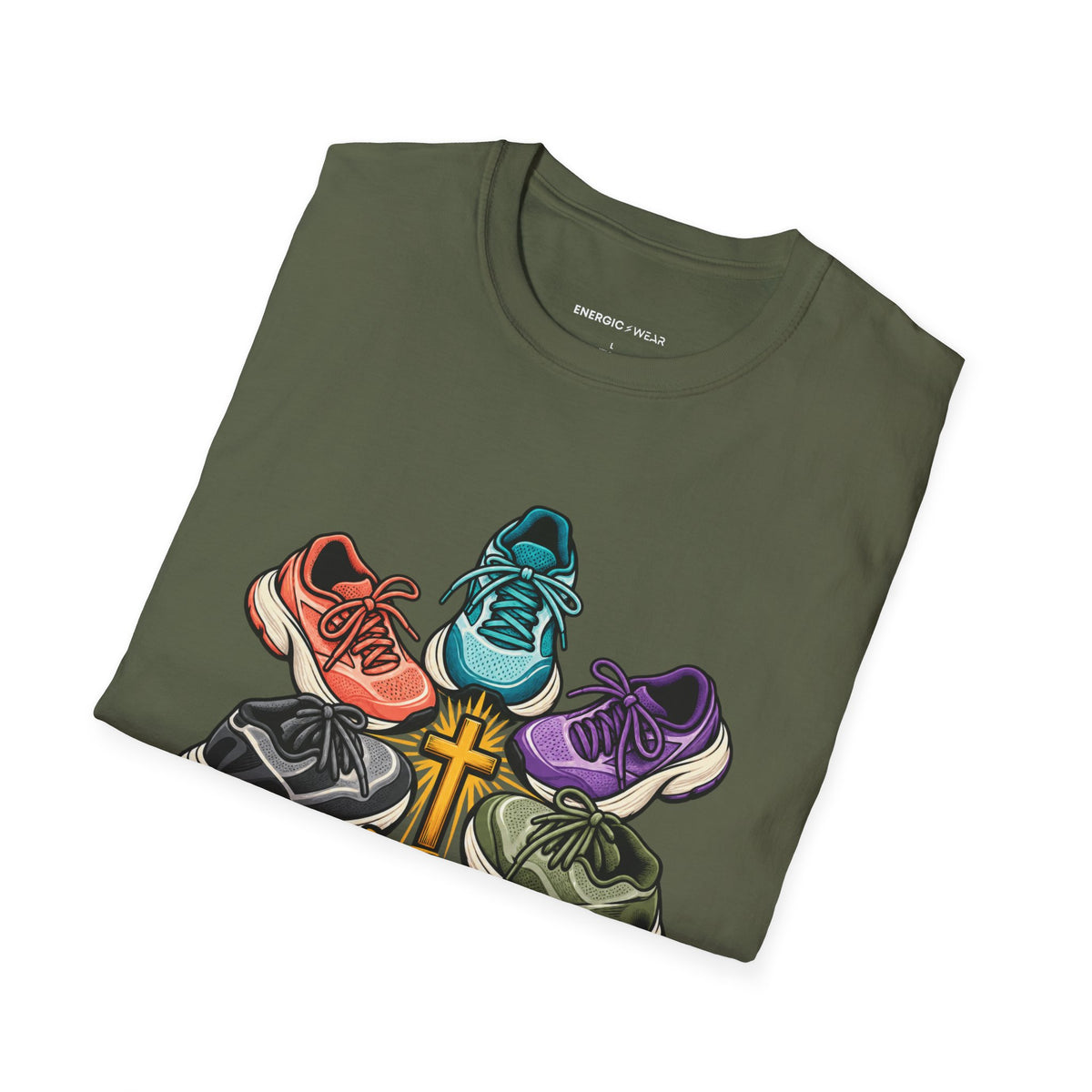 Graphic fitness T-shirt featuring the "Faith Is in My Team Huddle" design.