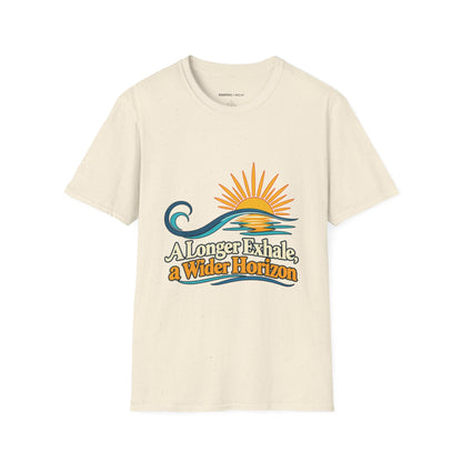 Graphic fitness T-shirt featuring the "A Longer Exhale a Wider Horizon" design.