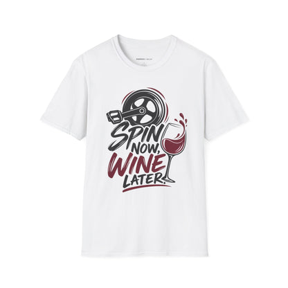 Graphic fitness T-shirt featuring the "Spin Now, Wine Later" design.