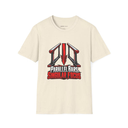 Graphic fitness T-shirt featuring the "Parallel Bars Singular Focus" design.