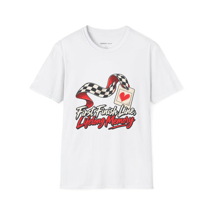 Graphic fitness T-shirt featuring the "First Finish Line Lifelong Memory" design.