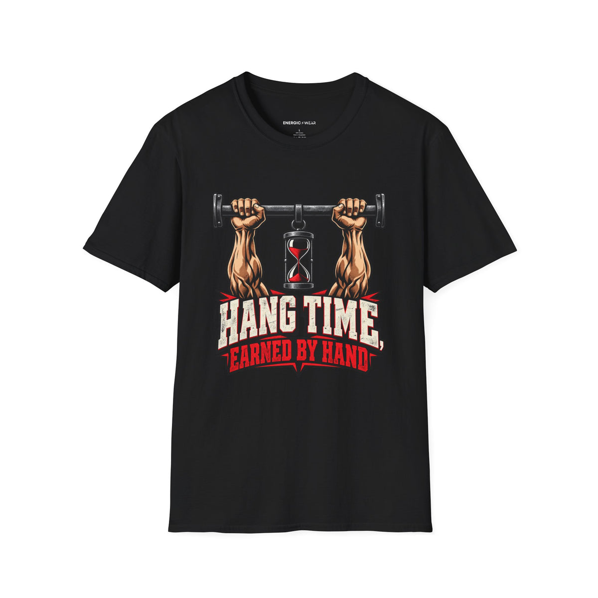 Graphic fitness T-shirt featuring the "Hang Time Earned by Hand" design.